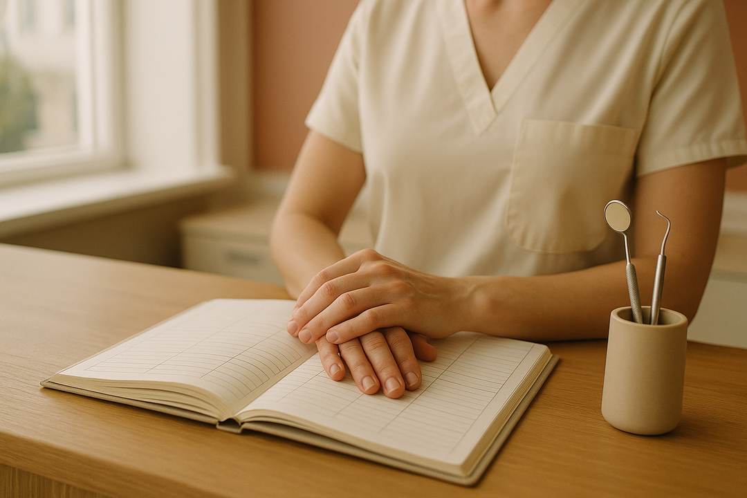 Hands resting on an appointment book at a dental clinic reception desk.