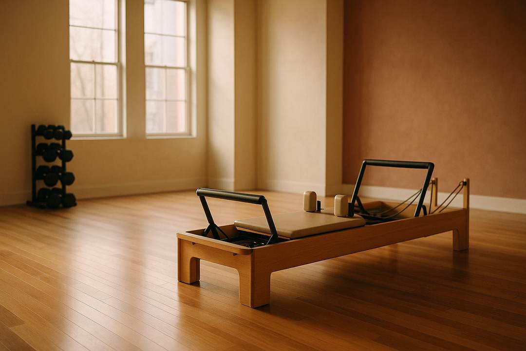 A quiet boutique fitness studio in soft morning light before opening.