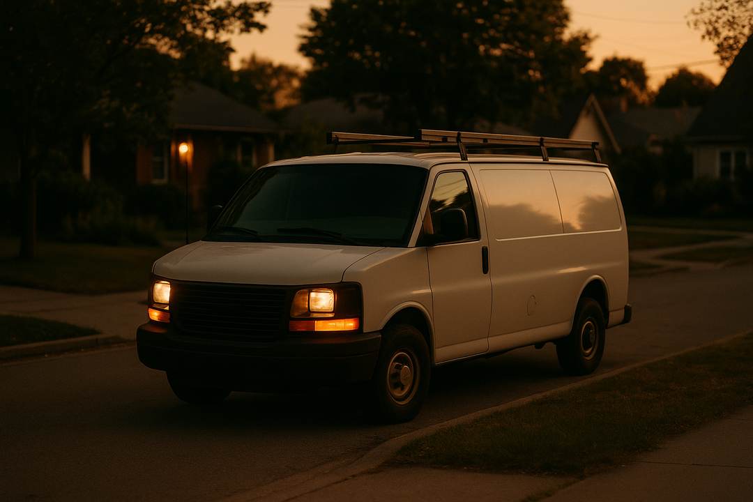 A tradesperson's work van parked on a quiet residential street at dusk.