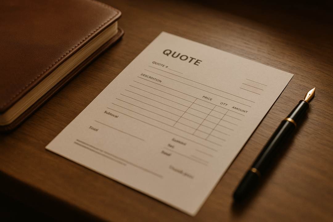 A printed quote on a wooden desk beside a ledger and pen.