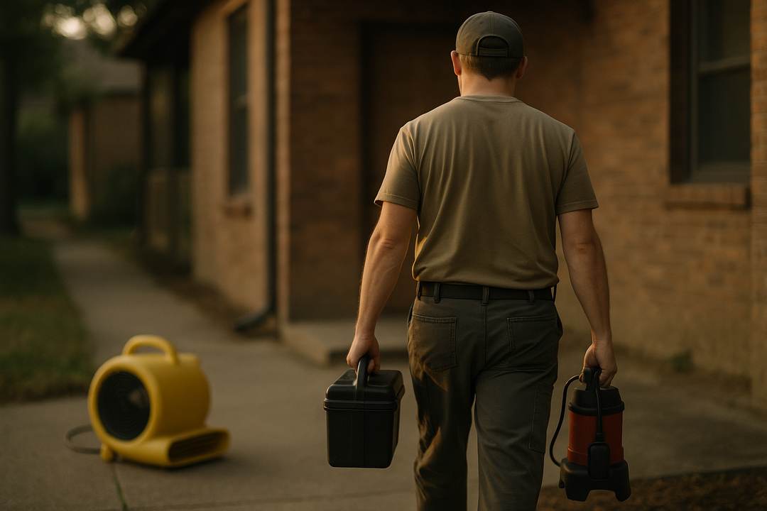 A restoration technician carrying equipment into a building in early-morning light.