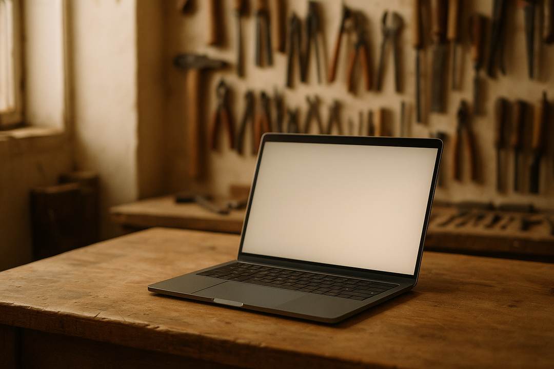 An open laptop glowing on a workshop workbench.
